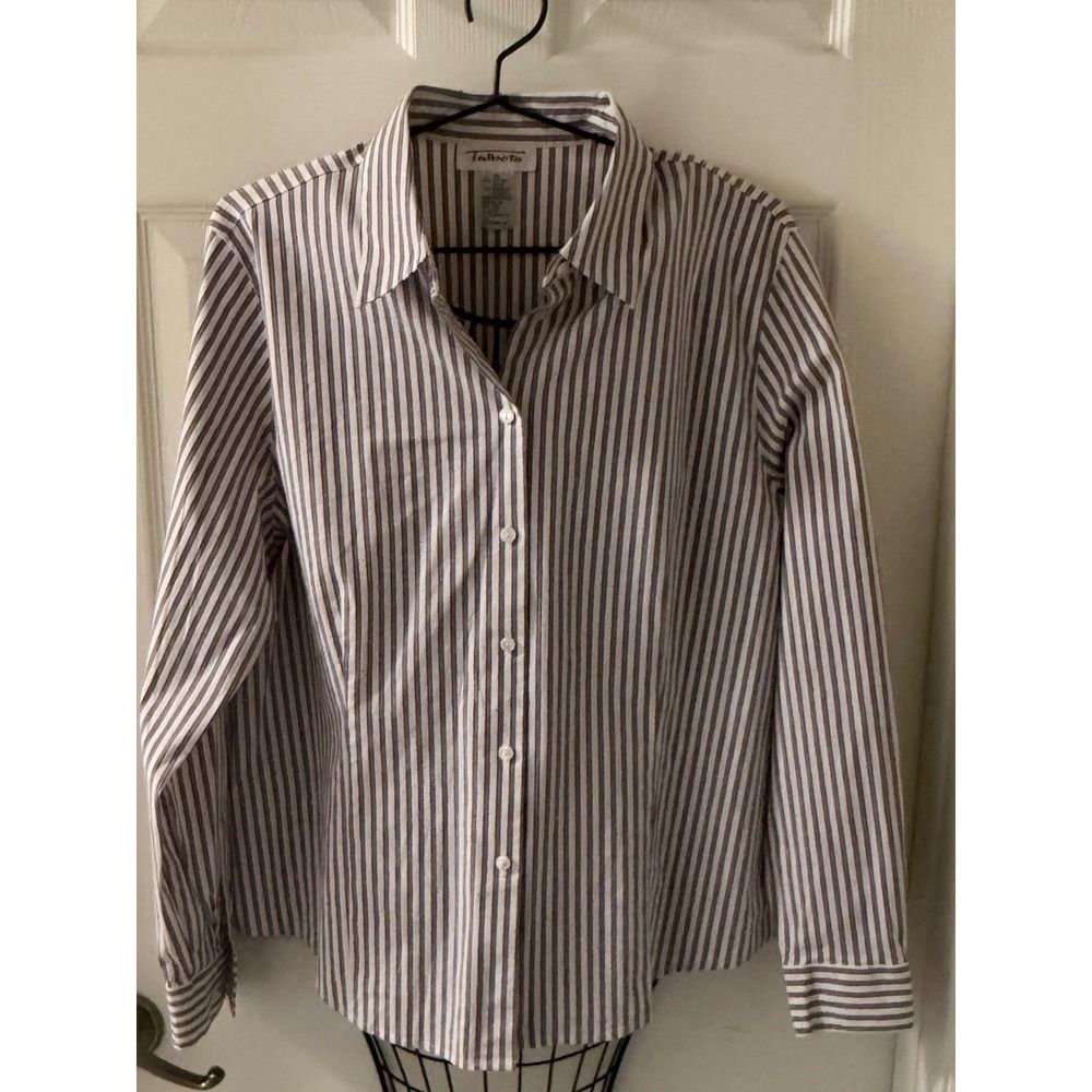 Talbots Women's XL Brown White Striped Button Down Long Sleeve Shirt